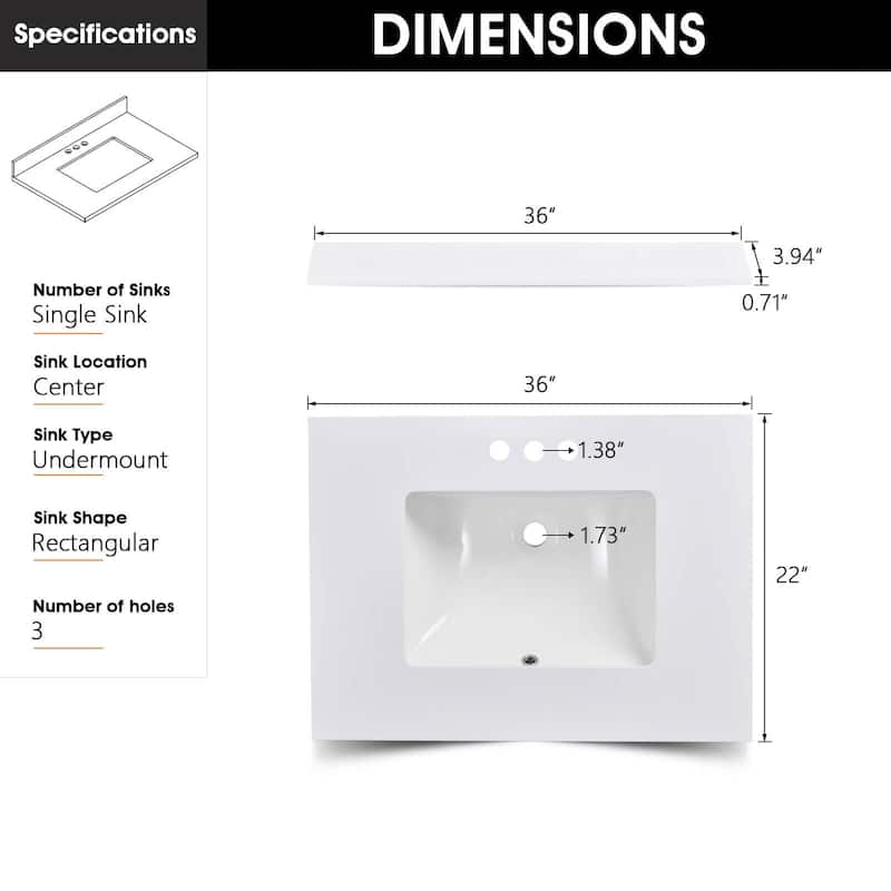 Icelume White 36 inch Cultured Marble Bathroom Vanity Top