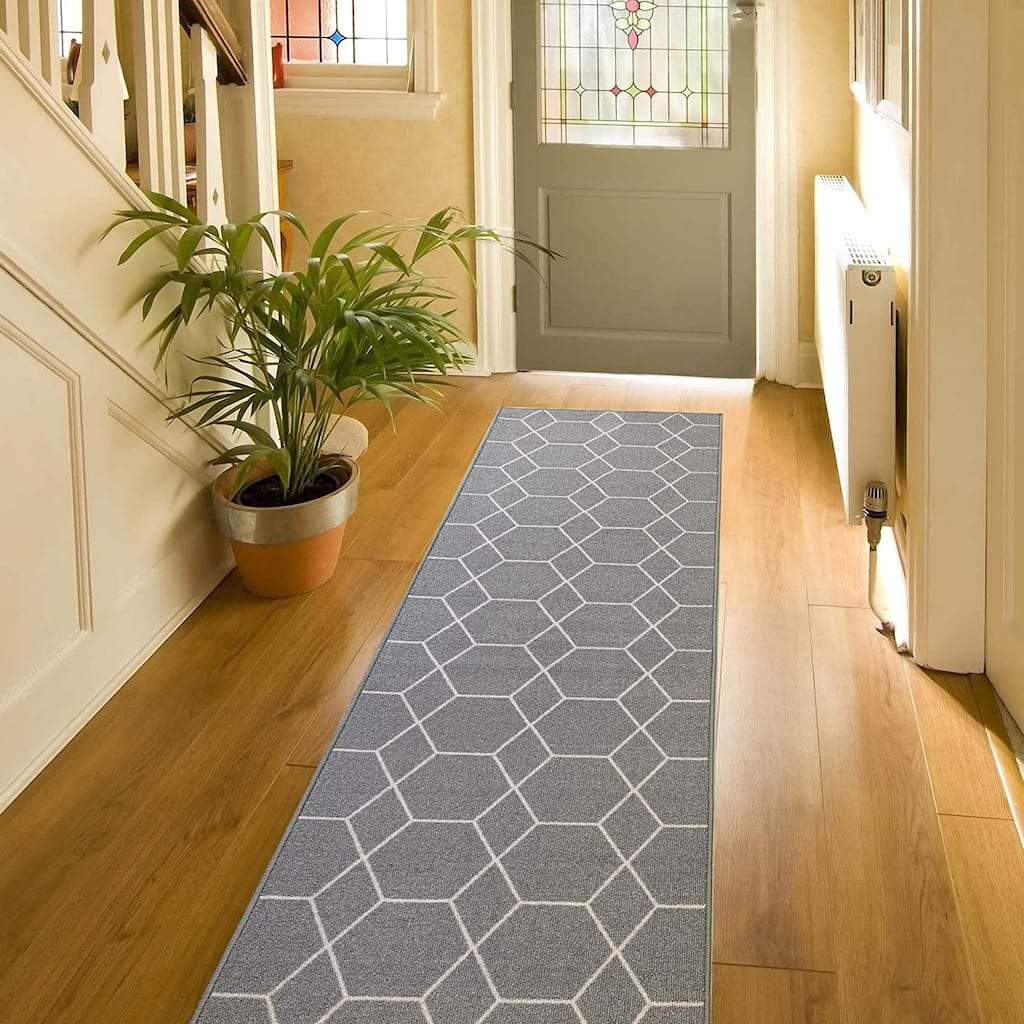 Custom Size Hexagon Gray 26 Inch Wide Non-Slip Stair Runner Rug