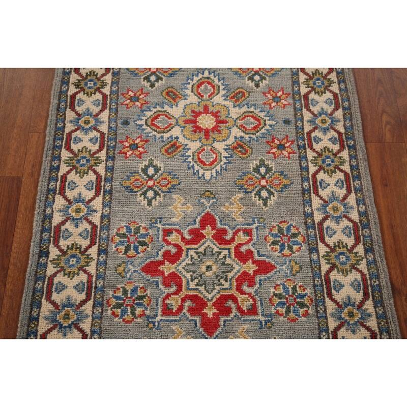 Kazak Oriental Runner Rug Hand-Knotted Grey Wool Carpet - 2'2" x 5'11"