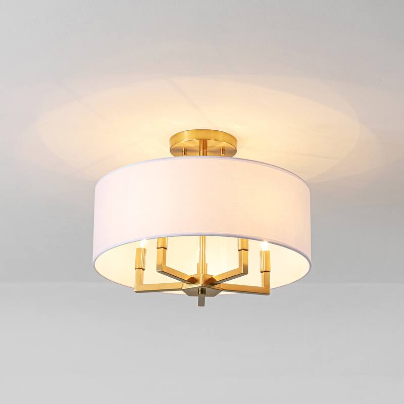 4-Light Mid-Century Modern Gold Semi-Flush Mount Light with White Drum Fabric Shade for Bedroom, Living Room