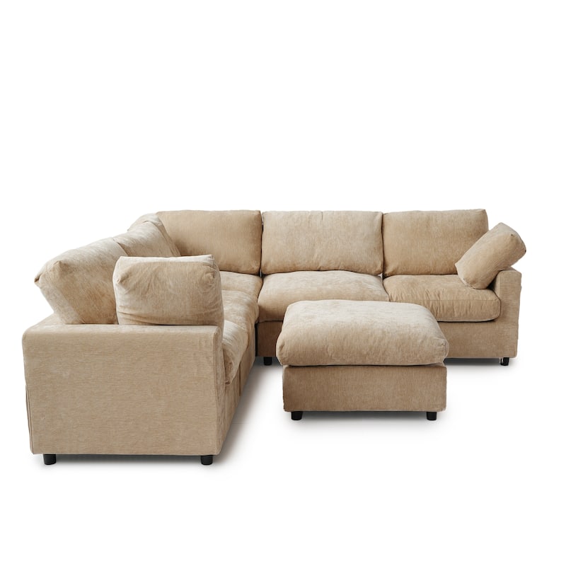 Living Room Corner Sofa Minimalist Upholstered Cushion Sofa Chenille Modular Sectional Couch with Ottoman