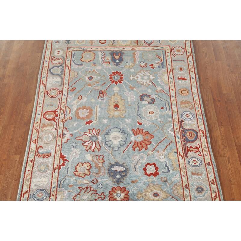 Light Blue Oushak Style Area Rug Hand-Knotted Wool Carpet - 4'2"x 5'11"