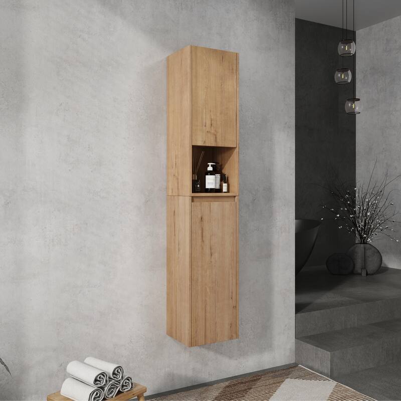 12" Bathroom Side Cabinet, Soft Close Doors, Float Mounting Design, Imitative Oak - Imitative Oak