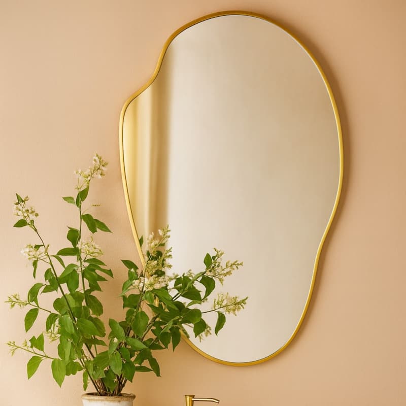 TEHOME Vallia Brushed Gold Asymmetrical Irregular Wall Mirror ,22''x 34'' Unique Brass Frame Wall Mounted Mirror for Bathroom