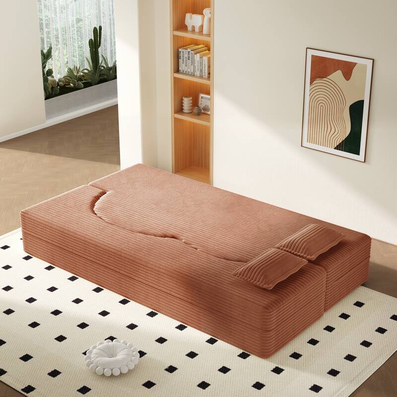 Modern Floor Sofa with 2 Pillows,Convertible Teddy Fabric Foam-Filled Sleeper Sofa Bed