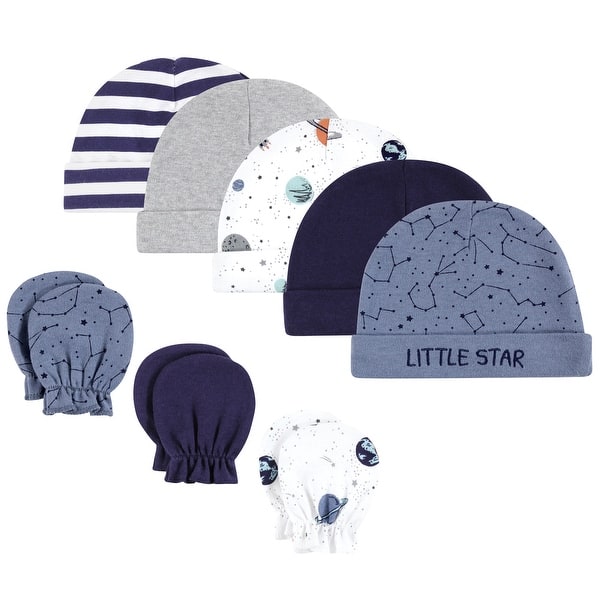 slide 1 of 1, Hudson Baby Infant Boy Cotton Cap and Scratch Mitten Set, Space, 0-6 Months - Space 0-6 Months - Space