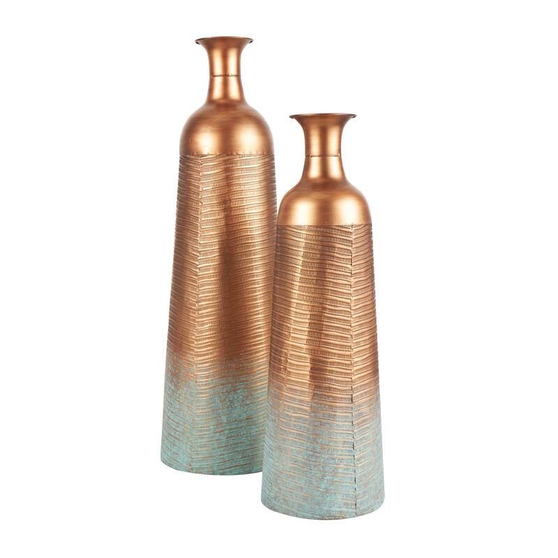 Metal Ribbed Textured Vase with Distressed Teal Accents - Set of 2 Copper - Roche River Decor - 9"W x 9"L x 29"H