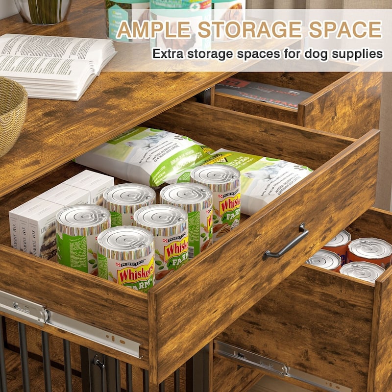 Javlergo Multi-Functional Dog Crate Furniture with Lockable Doors Food Storage 3 Drawers & Pull-Out Feeding Bowls for Dogs