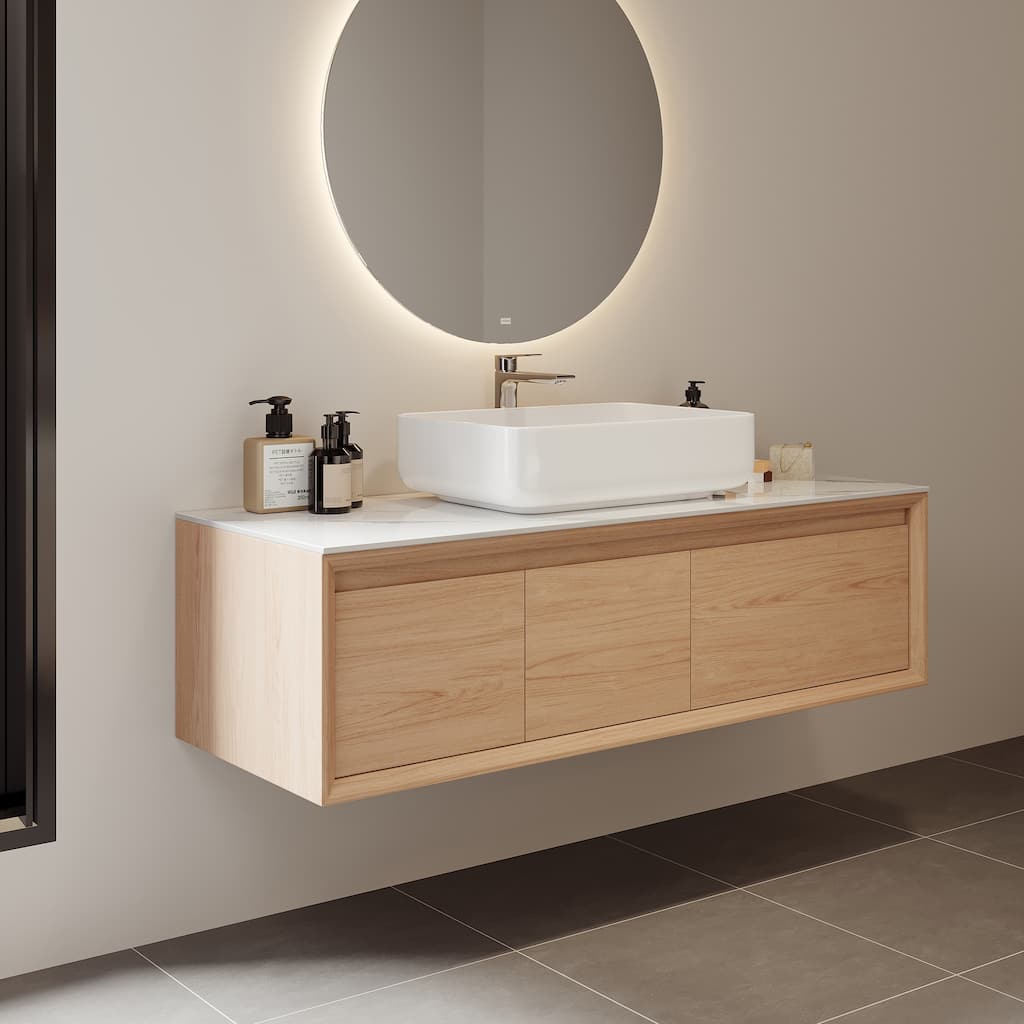 48" Modern Floading Single Bathroom Vanities, Solid Wood, Glossy Stone Vessel, Brown &Light Wood, Not Assembled Need