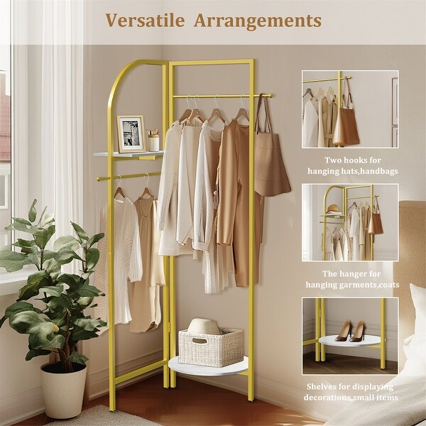 Freestanding Corner Clothes Stand Metal Coat Rack w/Shelves for
