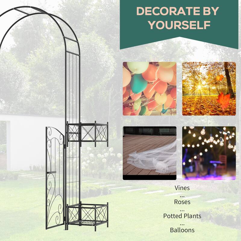 Outsunny 7' Metal Garden Arbor, Garden Arch with Gate, Scrollwork Hearts, Latching Doors, Planter Boxes