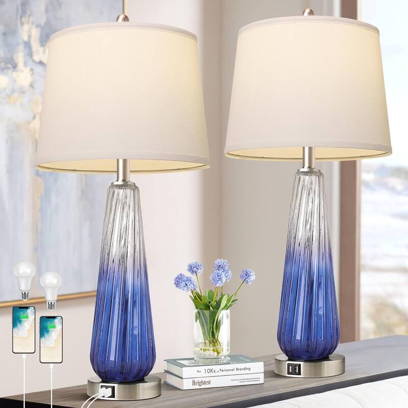 Table Lamps Set of 2 with Touch Control, 3-Way Dimmable Modern Glass Bedside Lamps with USB A+C Ports - Purple