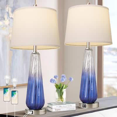 Table Lamps Set of 2 with Touch Control,3-Way Dimmable Glass Bedside Lamps with USB A+C Ports, with White Fabric Shade
