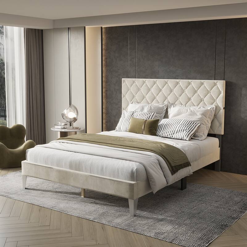 Heavy Duty Queen Upholstered Bed with 2 USB Ports,380GSM Headboard,TB117 Safe,Off-white