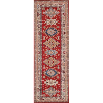 Geometric Red Kazak Oriental Runner Rug Hand-Knotted Wool Carpet - 2'7" x 9'4"