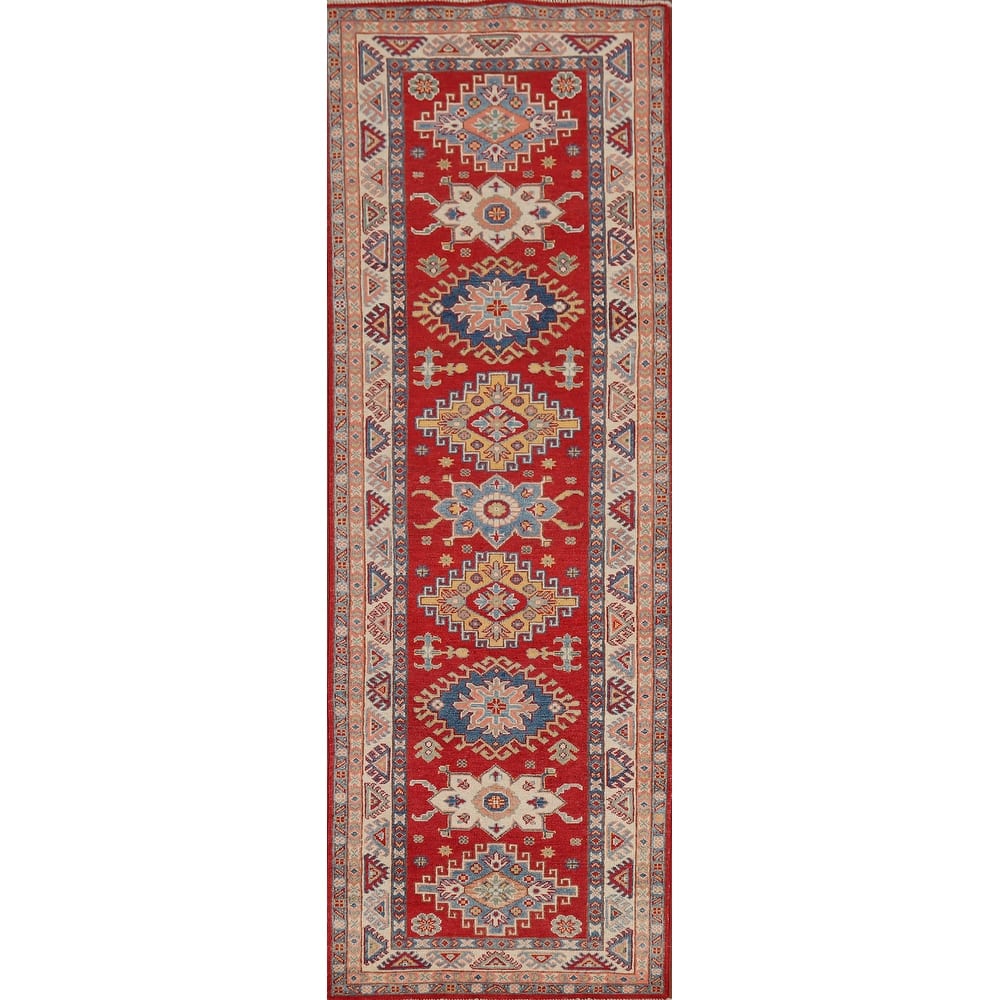 Geometric Red Kazak Oriental Runner Rug Hand-Knotted Wool Carpet - 2'7" x 9'4"