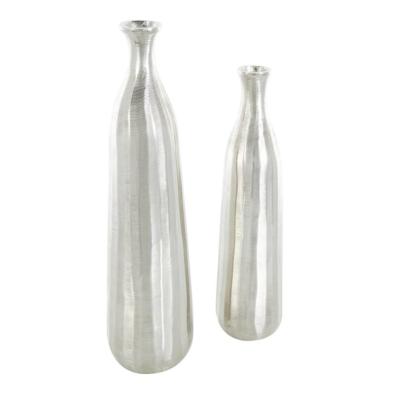 Aluminum Metal Decorative Vase with Wavy Accents and Textured Ridges - Set of 2 Silver or Gold - Roche River Decor
