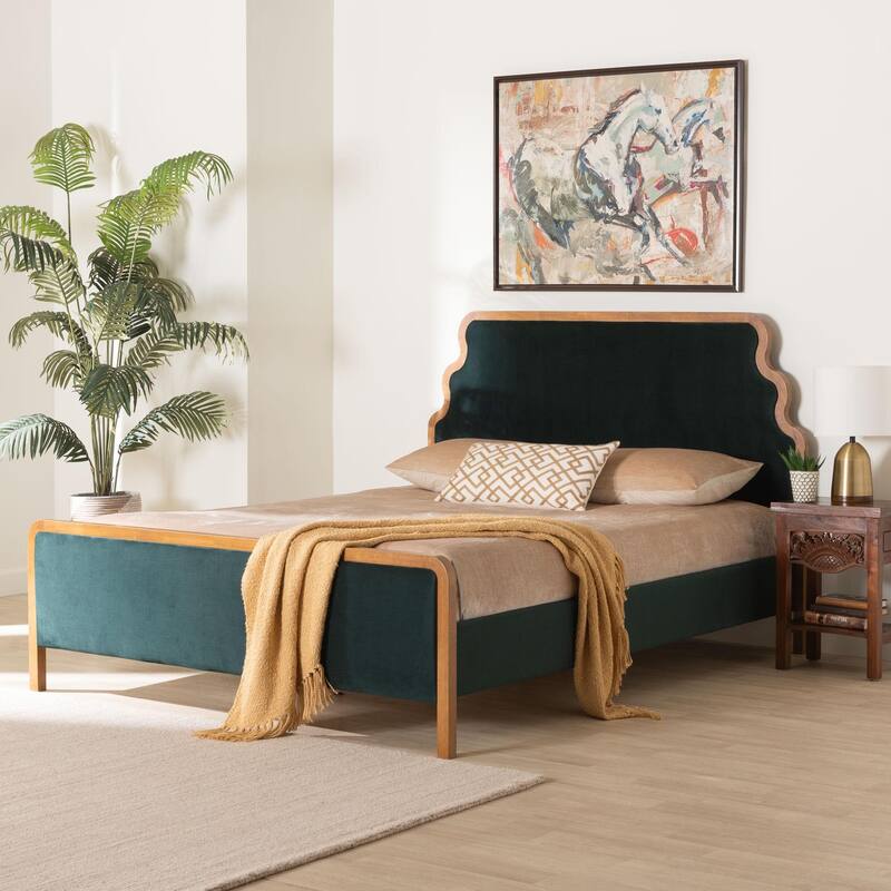 Gerianne Velvet Upholstered Platform Bed - Classic European Bed Frame with Scalloped Headboard and Wood Trim