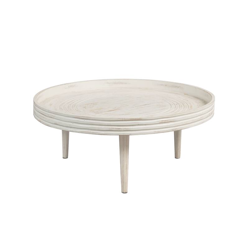 33 Inch Coffee Table, Solid Mango Wood, Handcrafted Round Grooved Raised Edge Distressed White