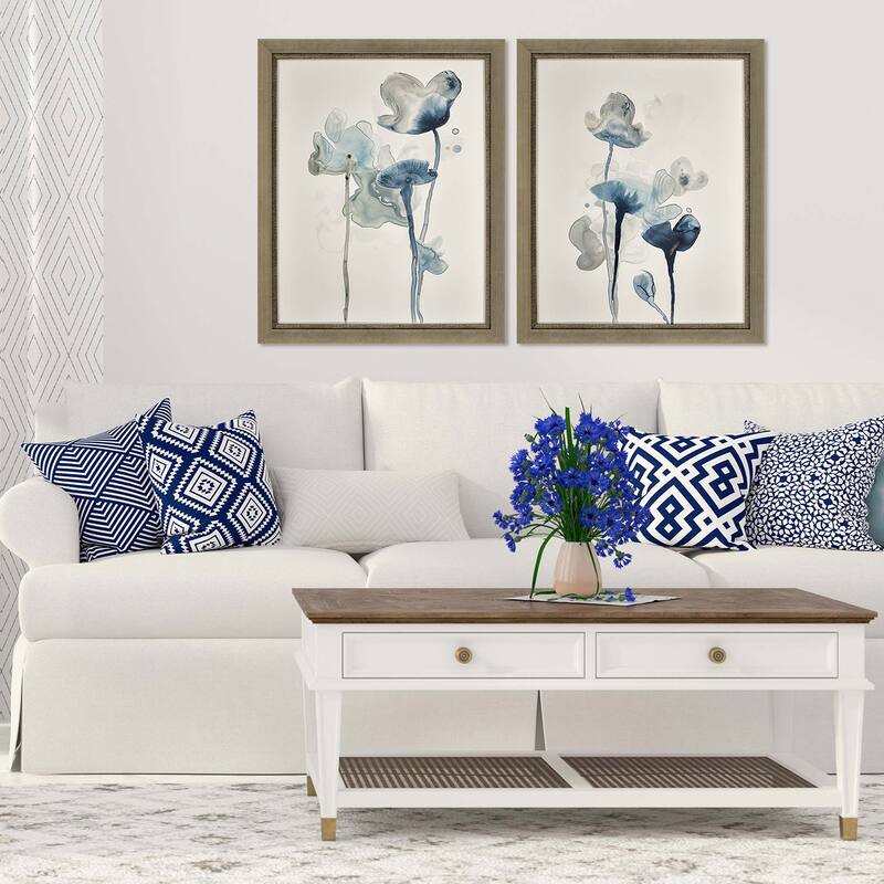 Midnight Blossom II S/2 Framed Art Giclee Under Glass - Blue