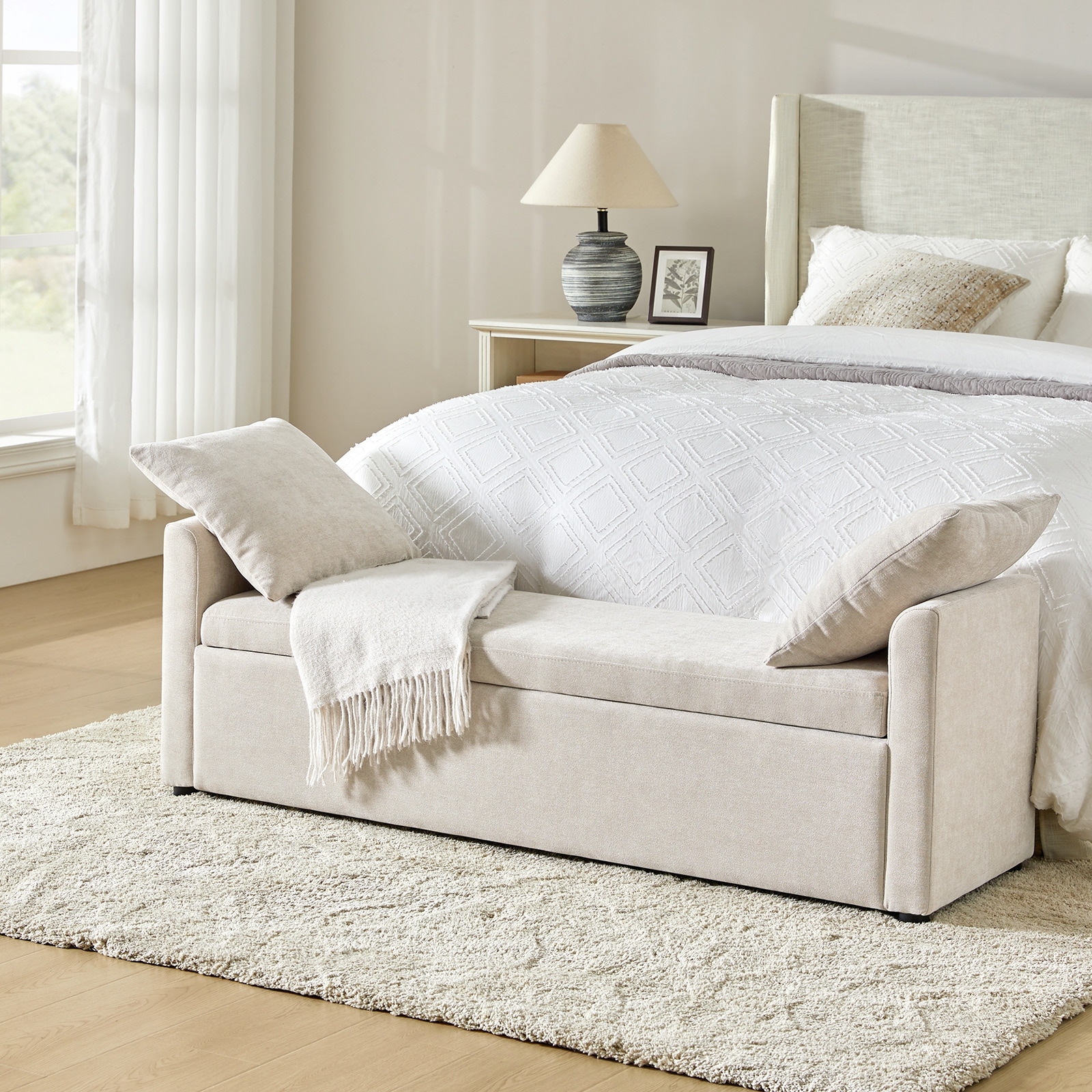 Franco Modern Upholstered Storage Bench with Two Throw Pillows and Thick Padded Cushion