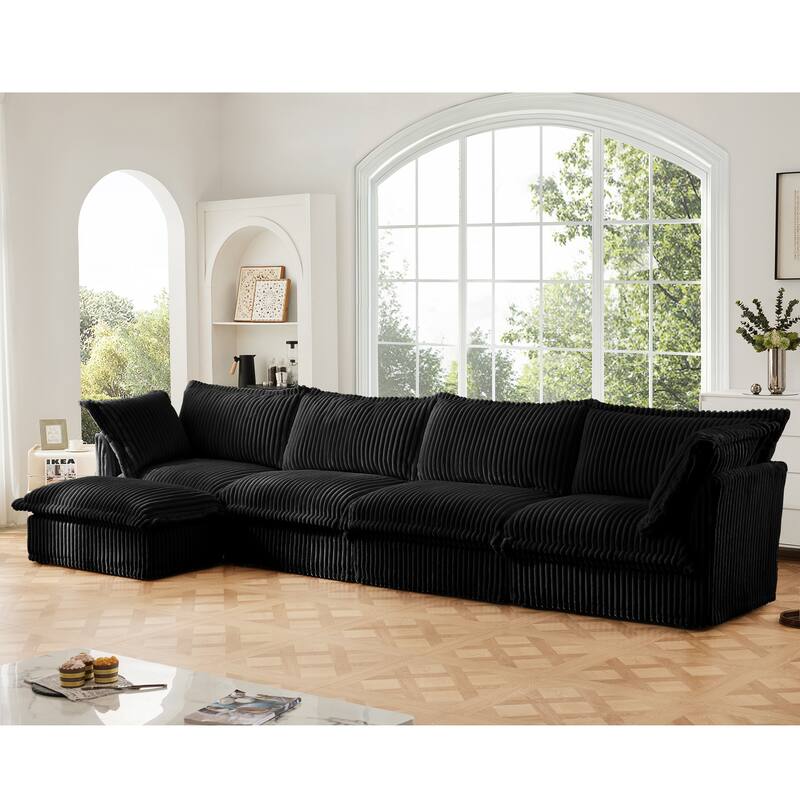Slipcovered 4-Seater L-Shape Corduroy Sectional Sofa Couch with Armrests & 2 Big Pillows