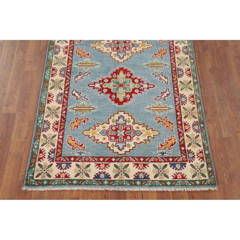 Light Blue Medallion Kazak Oriental Rug Hand-Knotted Wool Carpet - 3'5" x 4'10"