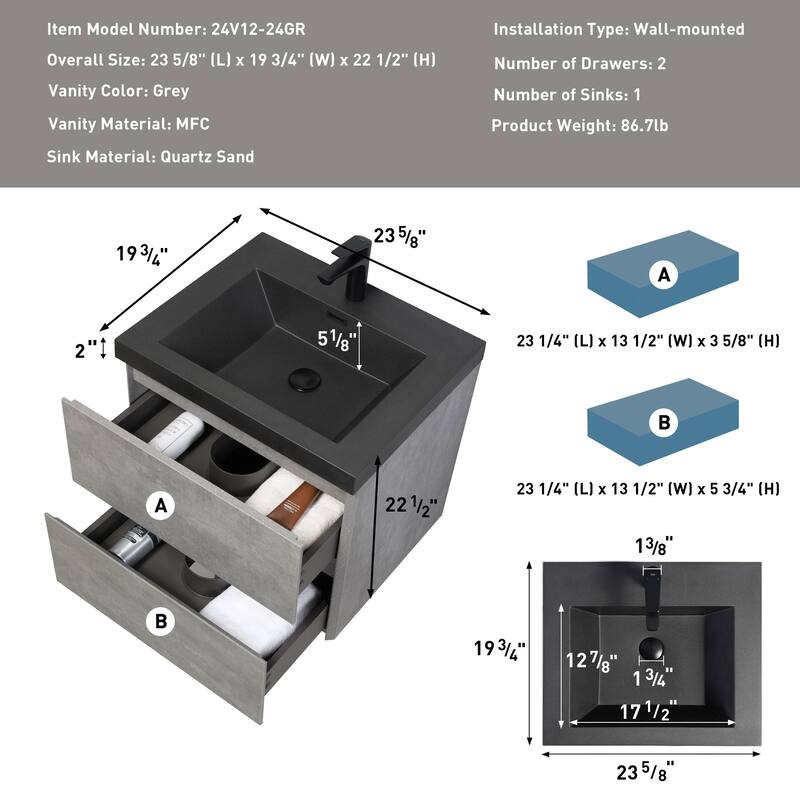 24/30/36/48/60 inch Melamine Floating Bathroom Vanity with Sink and Black Quartz Sand Top Basin and Soft Close Drawers