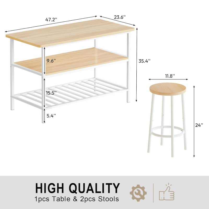 Mieres Kitchen Island with 2 Stools and Open Shelves