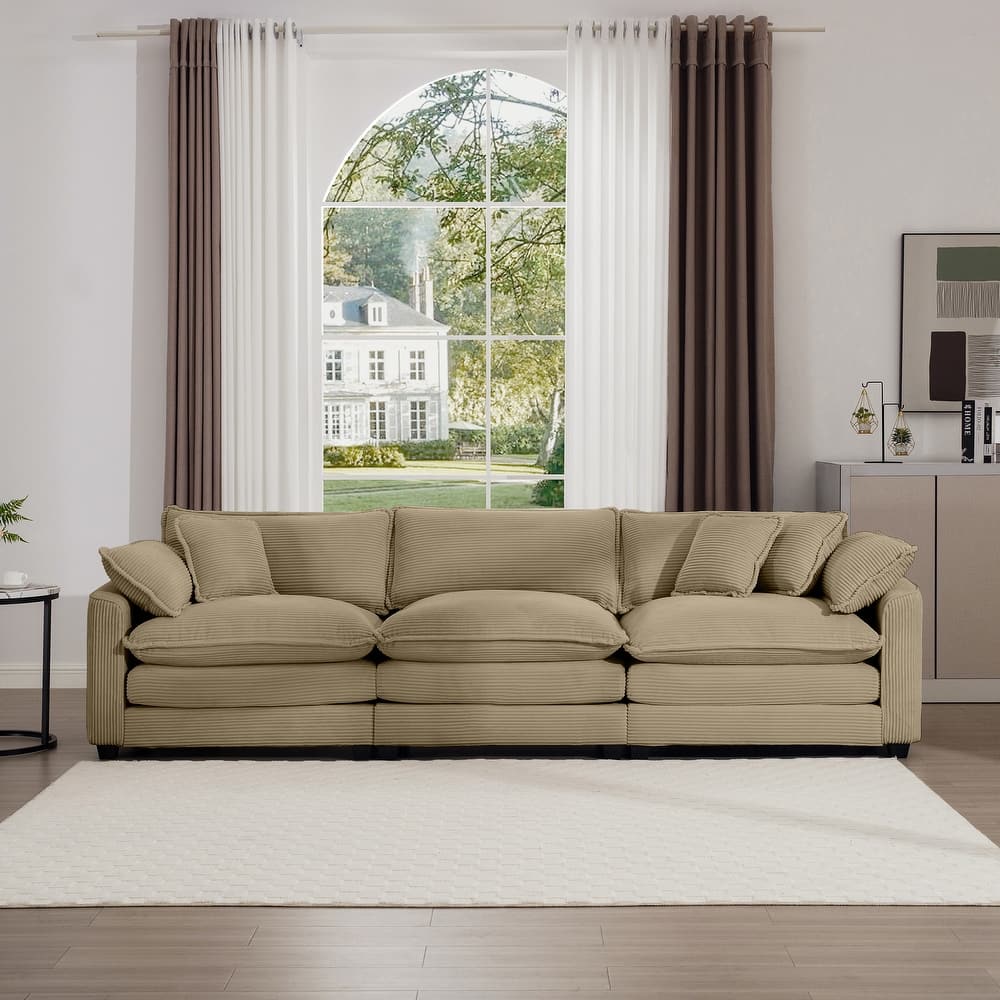 3-Seater Corduroy Fabric Sectional Sofa with Pillows and Removable Armrests for Livingroom
