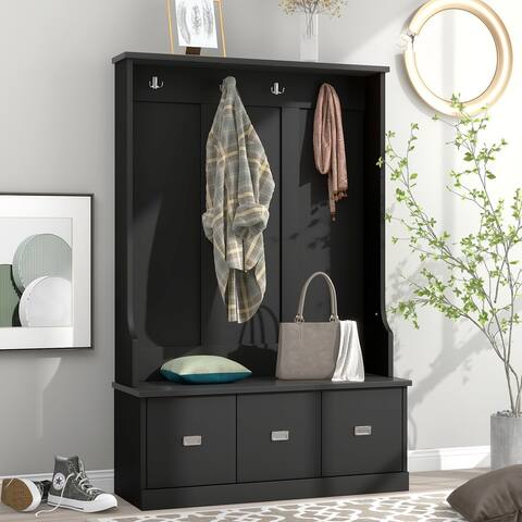 Black Hall Tree Entryway Bench with 4 Hooks and 3 Large Drawers