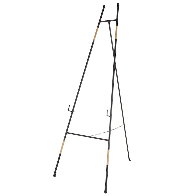 Metal Slim Foldable 2 Tier Display Easel with Wrapped Rattan Accents - Black - Roche River Decor - Black - 25"W, 64"H