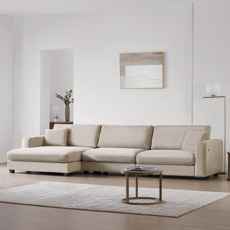 Corduroy Sectional Sofa with Chaise, USB Ports, Cup Holders - Comfy Living Room Furniture - khaki - Left Facing