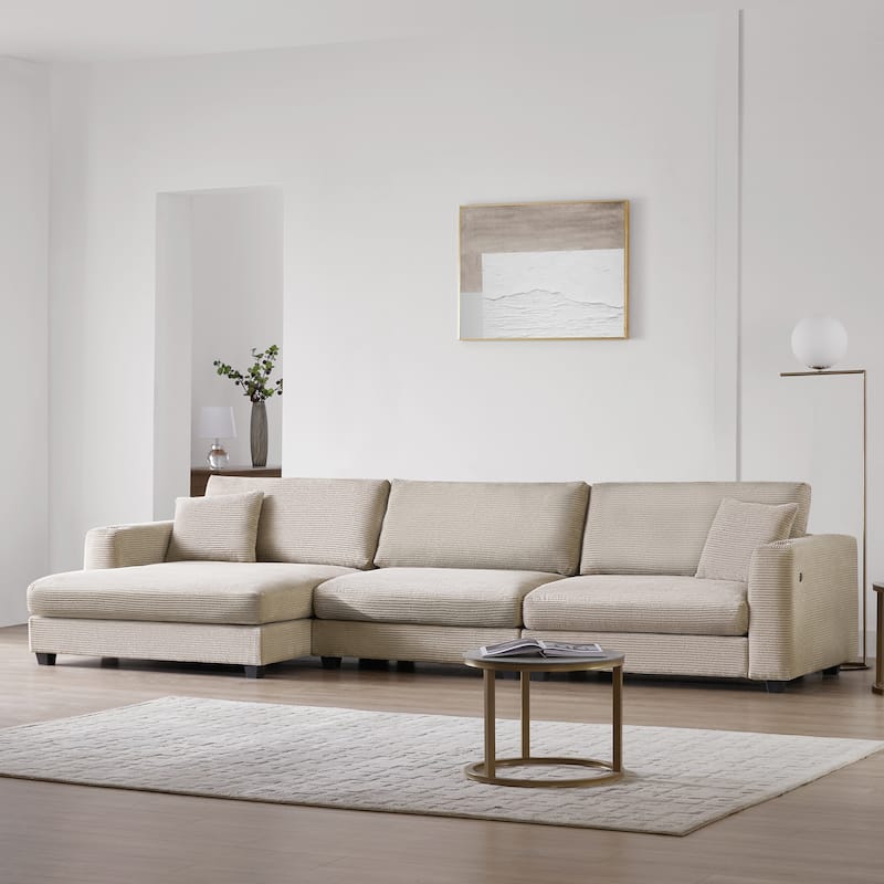 Large L-Shaped Cloud Couch in khaki Corduroy - Deep Seat Sofa Bed with USB, Cup Holder - Left Facing - khaki