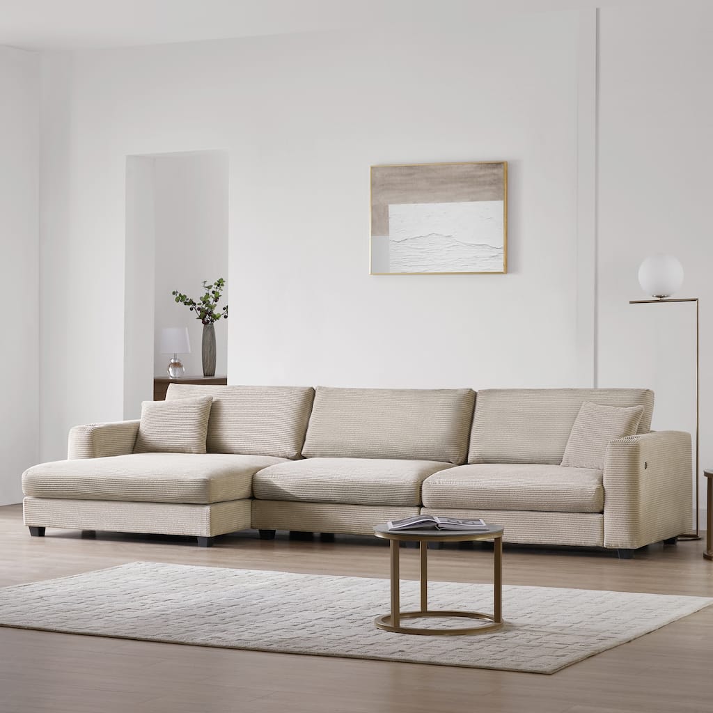 Large L-Shaped Cloud Couch in khaki Corduroy - Deep Seat Sofa Bed with USB, Cup Holder
