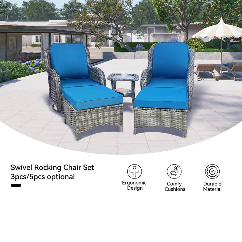 Wicker Patio Furniture Set -5 Piece Rattan Sectional Conversation Sets with 2 Swivel Rocking Chairs,2 Ottomans and 1 Side Table