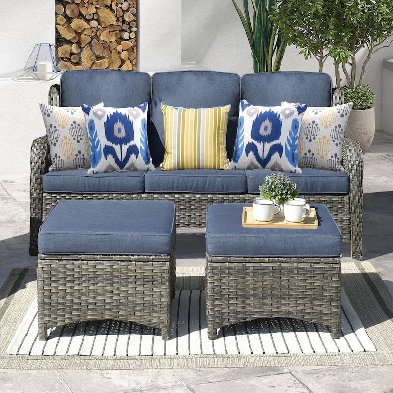 OVIOS 3-piece Patio Wicker Sofa with Ottomans - Denim Blue-Grey Wicker