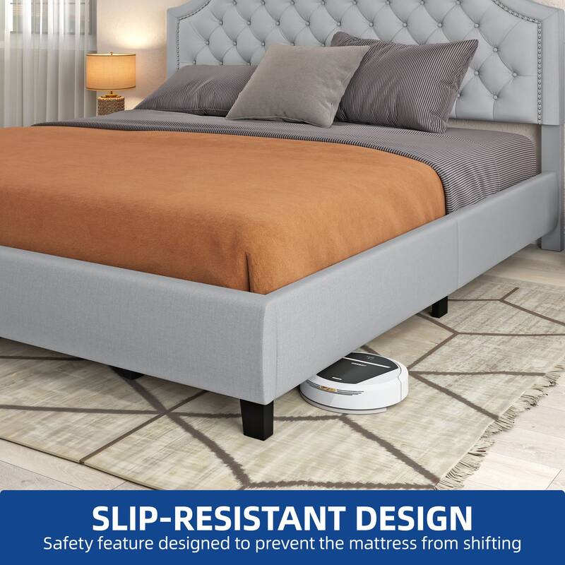 Moasis Linen Upholstered Platform Bed Velvet Bed Frame with Adjustable Headboard