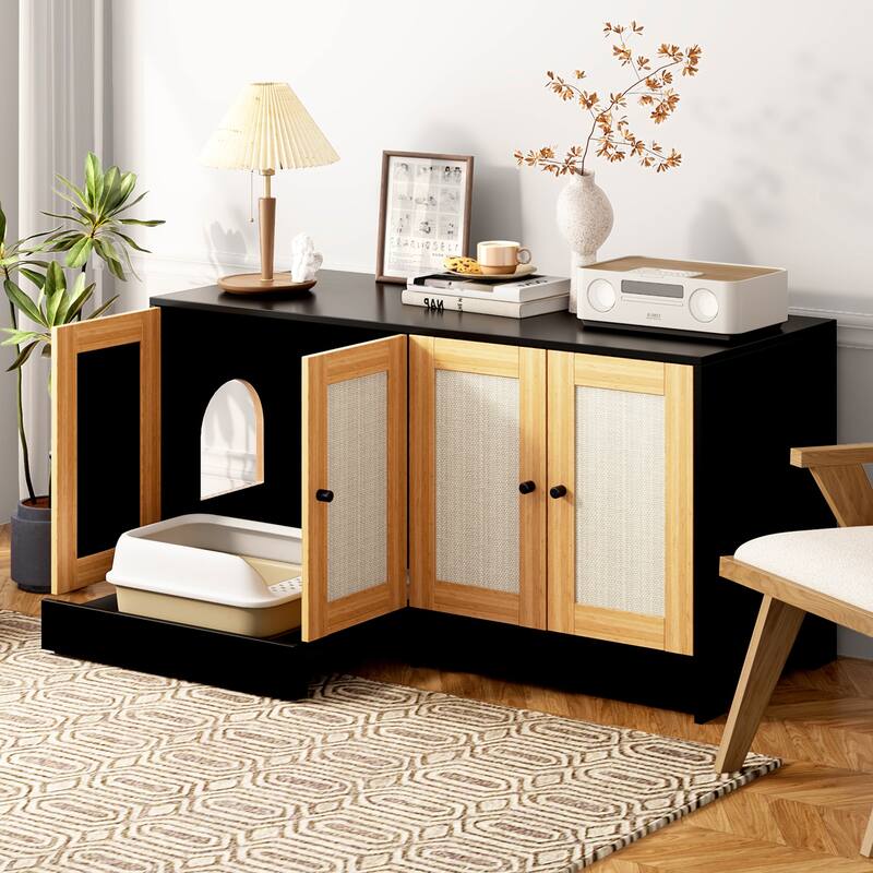 Anmytek Cat Litter Box Enclosure TV Stand Storage Cabinet Hidden Pet Furniture for Living Room