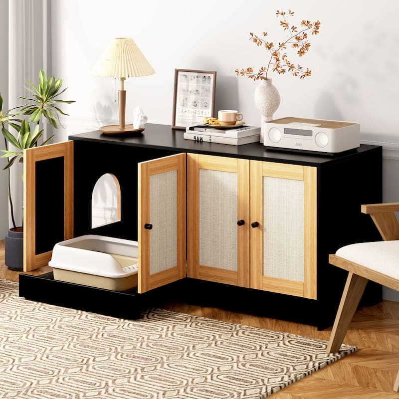 Double Litter Box Enclosure,Cat Litter Box Enclosure for 2 Cats,Hidden Box Furniture,Rattan Doors,47" L x 19.8" W x 21.8" H