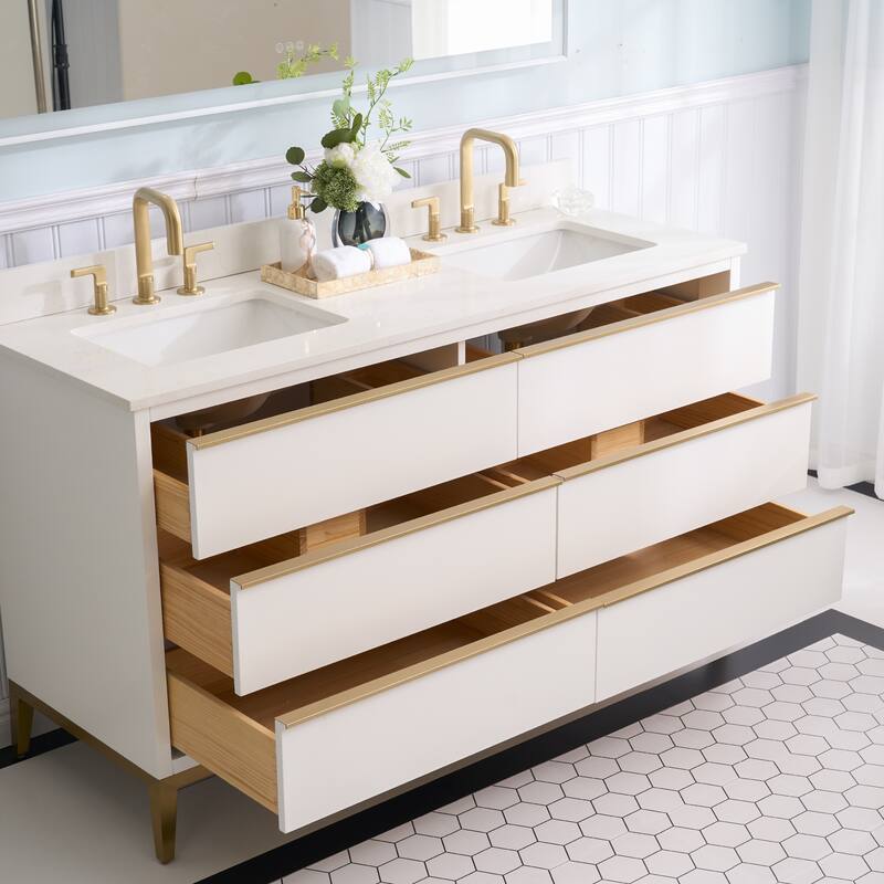 36"/48"/60" W Width Solid Wood Bathroom Vanity with Stain-resistant Carrera White Quartz Top and Sink