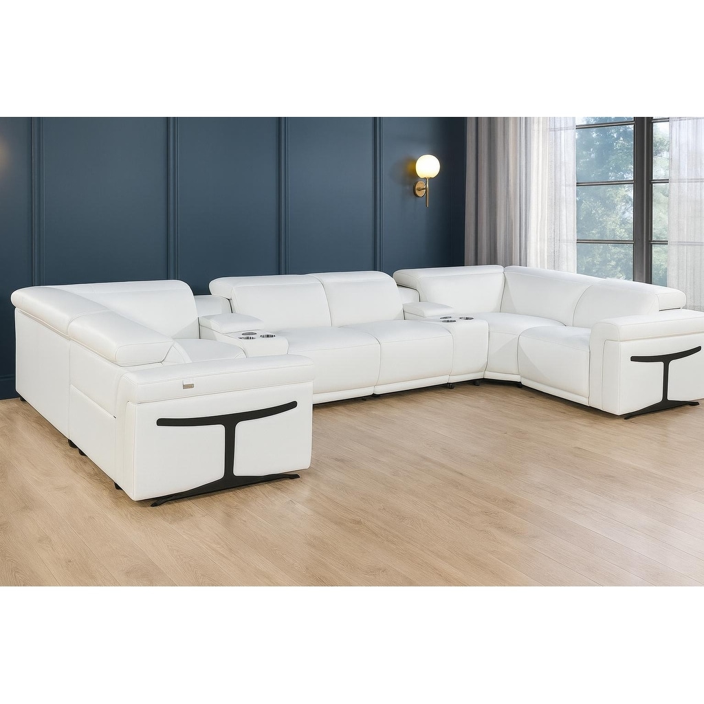 HomeRoots White Italian Leather Power Reclining U Shaped Eight Piece Sectional With Console