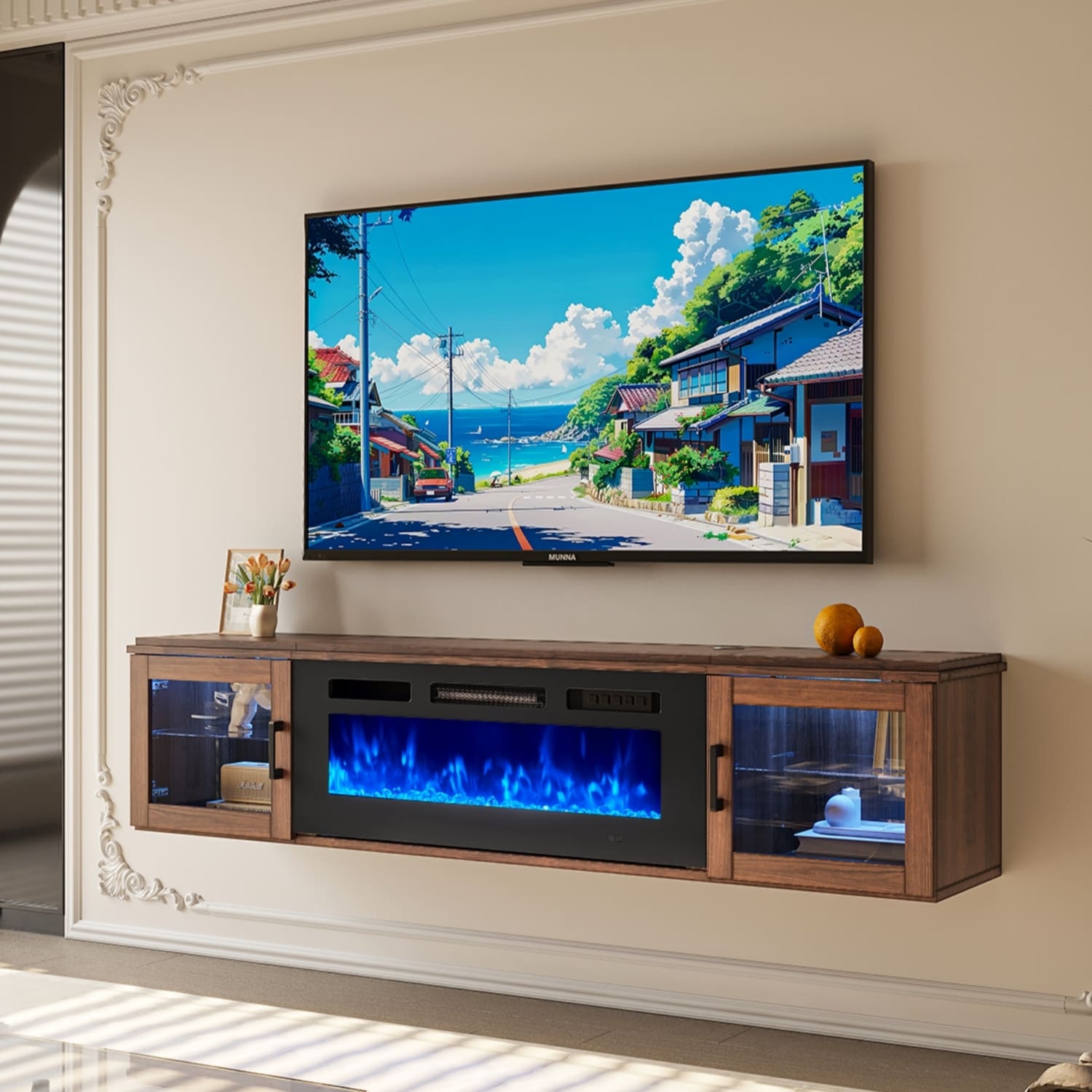Aoxun 70" Wall-Mounted Moden TV Stand with 36" Electric Fireplace, Floating Entertainment Center with Storage