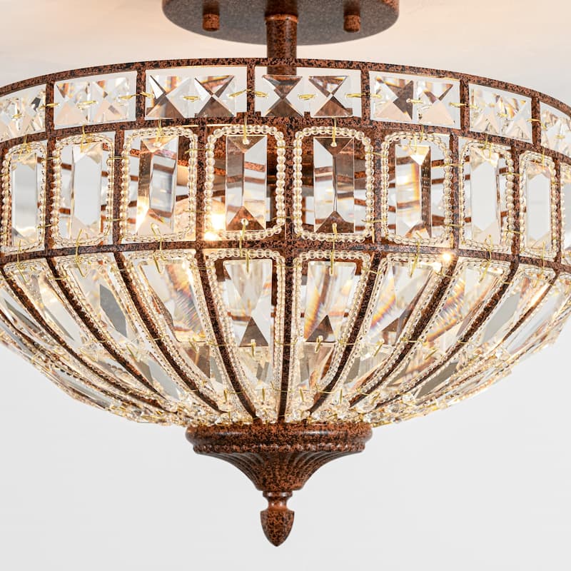 15.6" 3-Light Retro Rust-Colored Bowl Shaped Faceted Clear Crystal Semi-Flush Mount Ceiling Light for Bedroom, Kitchen