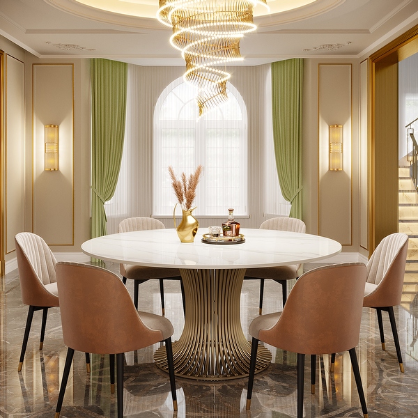 59 Modern Sintered Stone Round Dining Table with Gold Stainless Steel Pedestal for 6 8 People 59 D 29 H White Gold