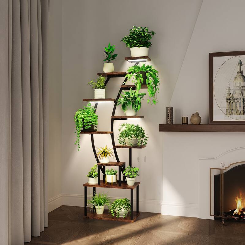 63"H 9 Tiered Indoor Plant Stand with Grow Lights