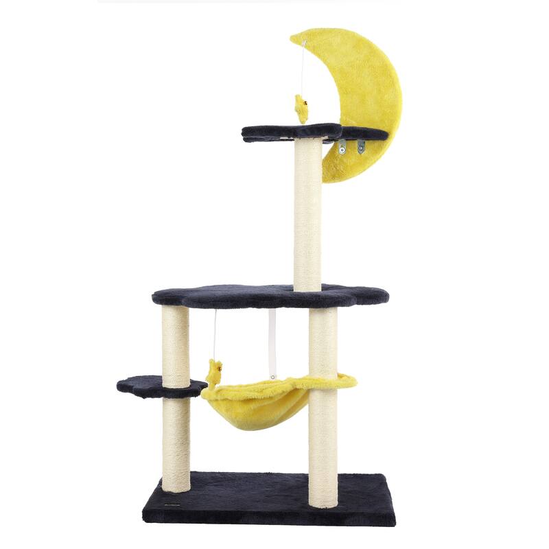 Aurora 49" 3-Tier Modern Sisal Moon And Stars Cat Tree with Scratching Posts, Basket, and Fuzzy Bell Toys, Navy/Yellow/White
