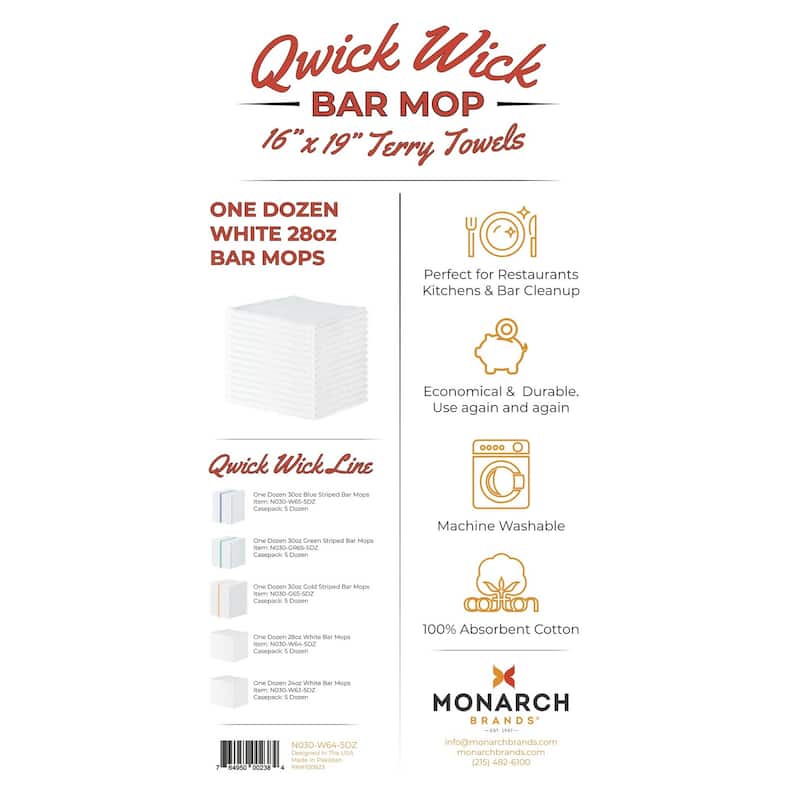 Arkwright Qwick Wick 12-Piece Bar Mop Towels - 16x19