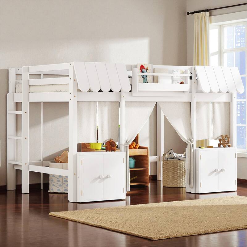 Twin/Full Loft Bed with Bookshelf, Curtain Playhouse, Storage Shelf, Cottage Roof Design and Safety Guardrails for Kids
