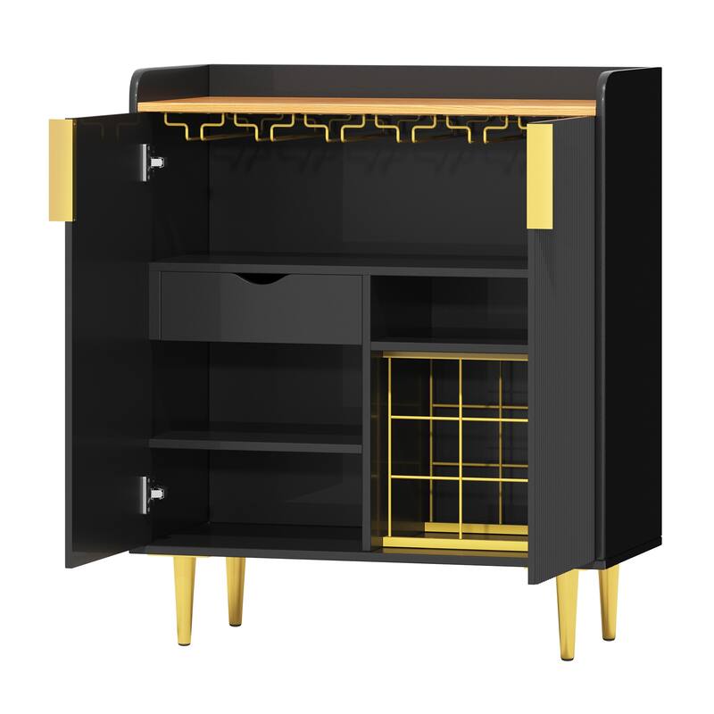 31.5" Fluted Bar Cabinet with Wine Rack & Glass Holder - Modern Black and Gold Coffee Bar, Kitchen Buffet with Storage Drawer